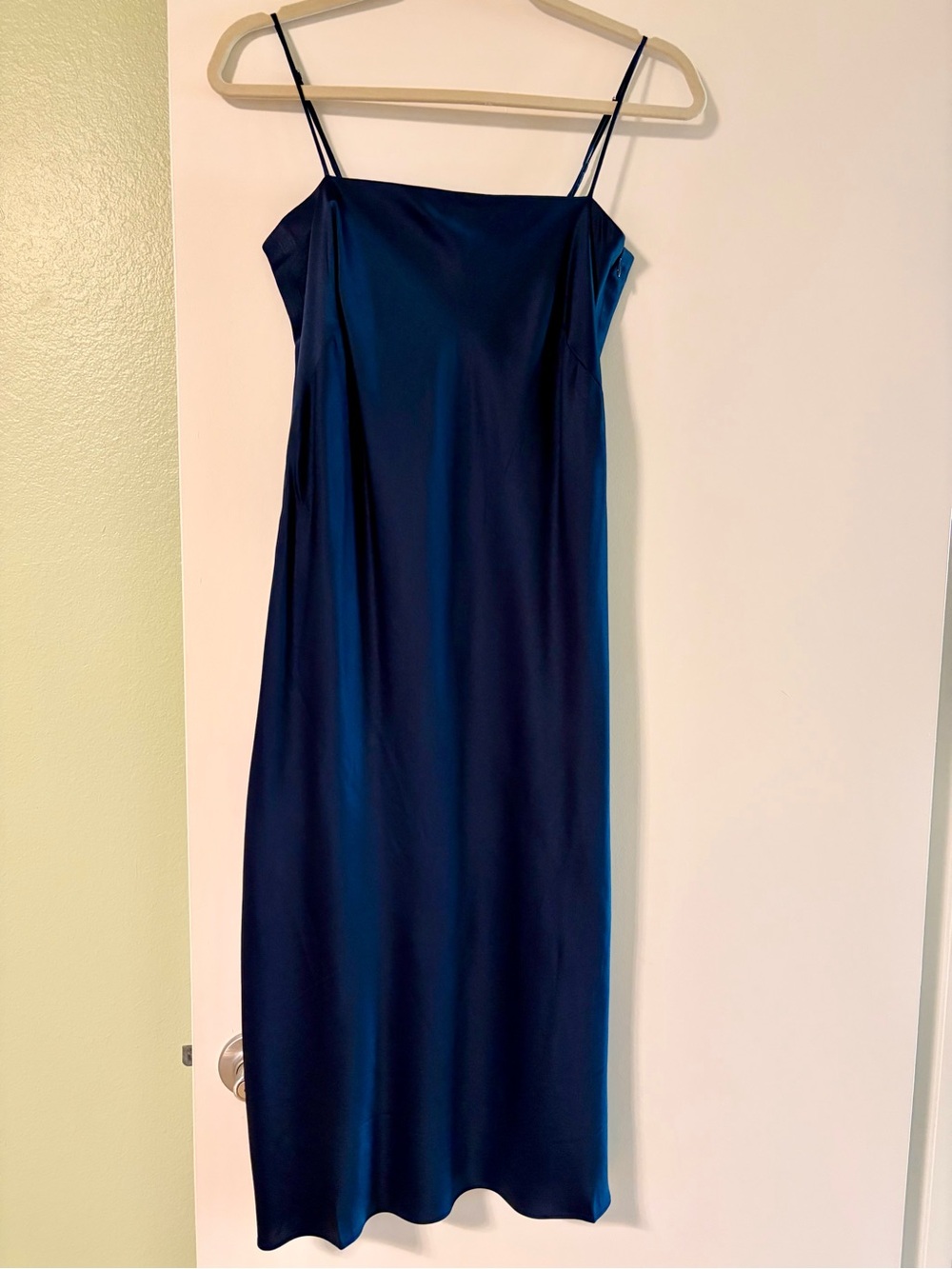 Everlane Navy Satin Midi Slip Dress with Thin Straps